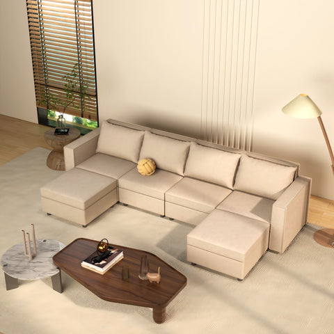 Ainfox U Shaped Storage Module Sofa Six Seats Adjust Armrest Beige