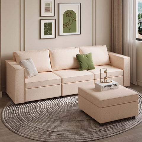 Ainfox 3-Seat and 1-Ottoman Modular Sectional Sofa Sleeper Sofa Flannel Sofa with Storage Seat