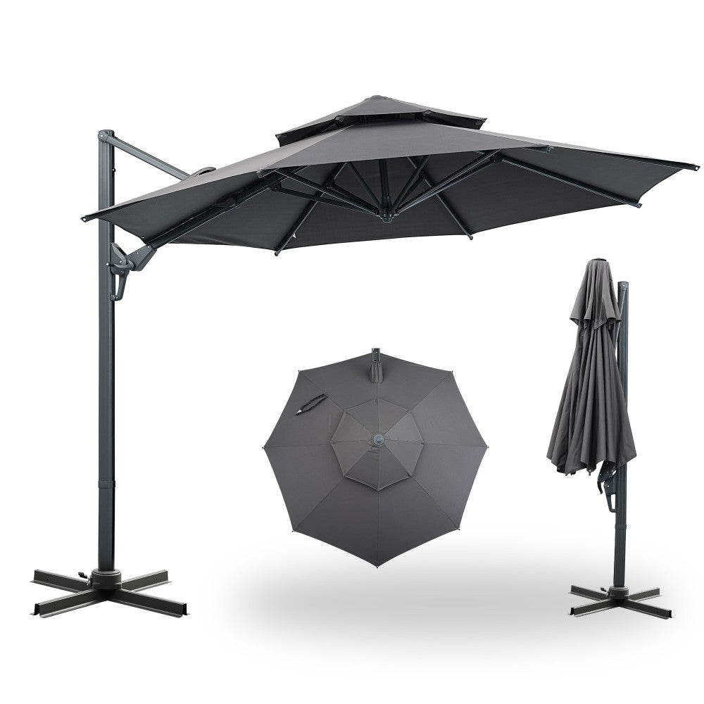 ainfox outdoor 10ft solar cantilever offset hanging patio umbrella Ainfox 10 ft Aluminum Offset Outdoor Cantilever Umbrella with Cross Bar Gray