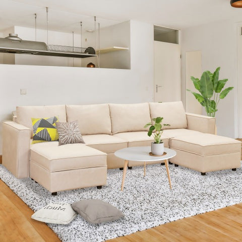 Ainfox U Shaped Storage Module Sofa Six Seats Adjust Armrest Beige