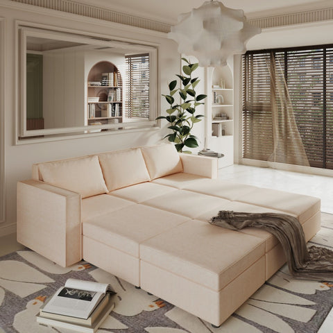 Ainfox 9-Seat Modular Sectional Sofa Sleeper Sofa Flannel Sofa with Storage Seat Beige