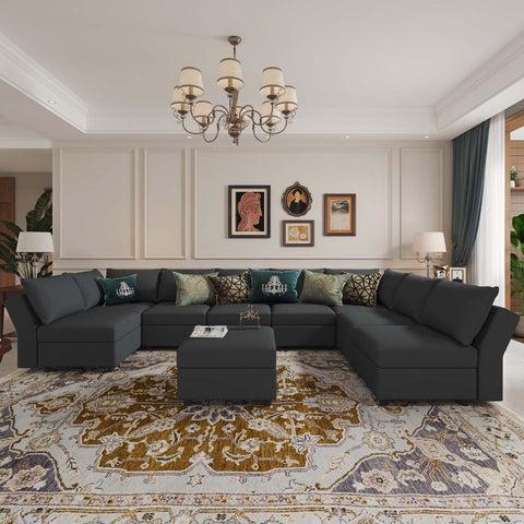 Ainfox U Shaped 8 Seats +8 Sides Modular Sectional Sofa Sleeper Sofa Flannel Sofa with Storage Seat