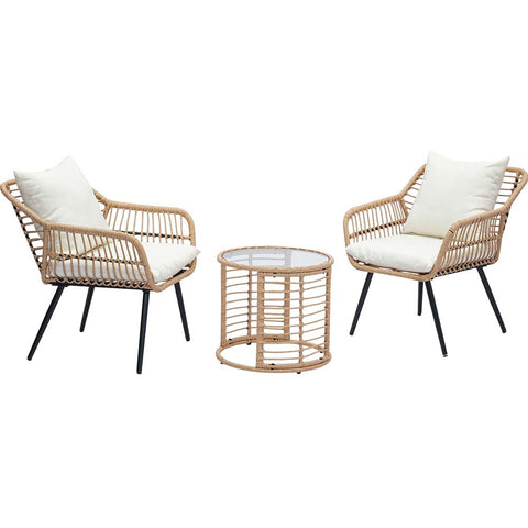 Ainfox 3 PCS Wicker Sofa Patio Bistro Set, Patio Furniture with Glass Top Table and Cushions