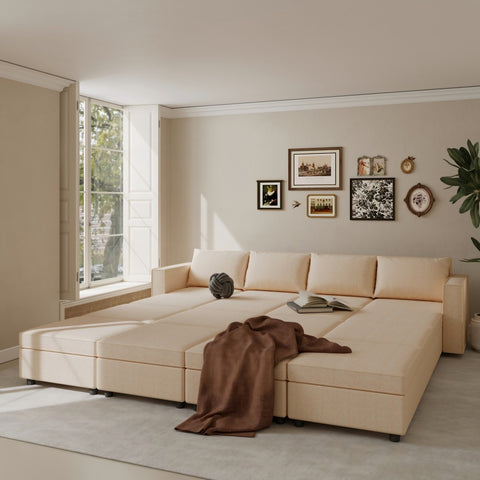 Ainfox 16-Seat Modular Sectional Sofa Sleeper Sofa Flannel Sofa with Storage Seat Beige