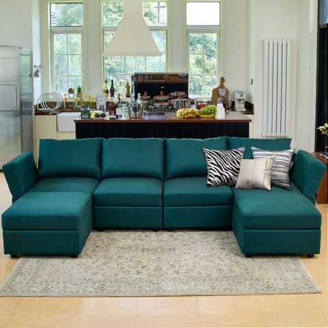 Ainfox U  Shaped 4 Seats +2 Ottomans Modular Sectional Sofa Couch With Storage