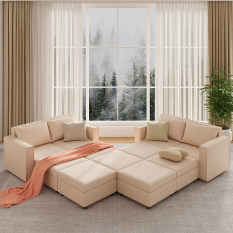 Ainfox 11-Seat and Ottoman Modular Sectional Sofa Sleeper Sofa Flannel Sofa with Storage Seat