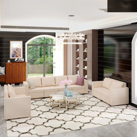 Ainfox 8-Seat Modular Sectional Sofa Sleeper Sofa Flannel Sofa with Storage Seat Beige