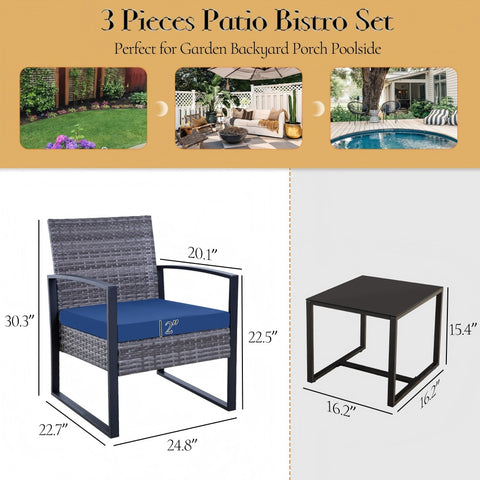 Ainfox 3 Pieces Outdoor Patio Sofa Set, Patio Bistro Set, All-Weather Wicker Conversation Set