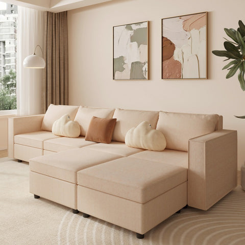 Ainfox 6-Seat and Ottoman Modular Sectional Sofa Sleeper Sofa Flannel Sofa with Storage Seat