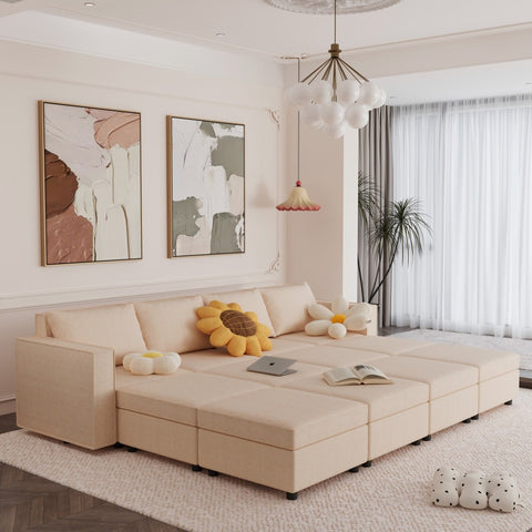 Ainfox 12-Seat Modular Sectional Sofa Sleeper Sofa Flannel Sofa with Storage Seat Beige