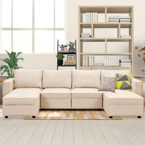 Ainfox U Shaped Storage Module Sofa Six Seats Adjust Armrest Beige
