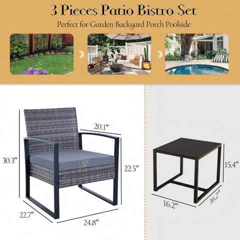 Ainfox 3 Pieces Outdoor Patio Sofa Set, Patio Bistro Set, All-Weather Wicker Conversation Set