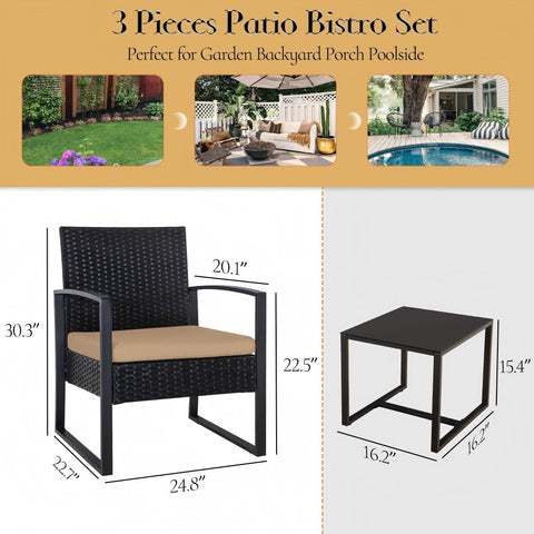 Ainfox 3 Pieces Outdoor Patio Sofa Set, Patio Bistro Set, All-Weather Wicker Conversation Set