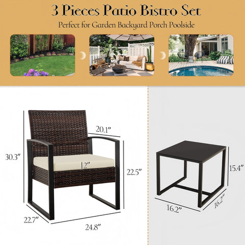 Ainfox 3 Pieces Outdoor Patio Sofa Set, Patio Bistro Set, All-Weather Wicker Conversation Set