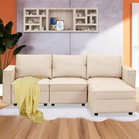 Ainfox L Shaped Storage Module Sofa Four Seats Adjust Armrest Beige