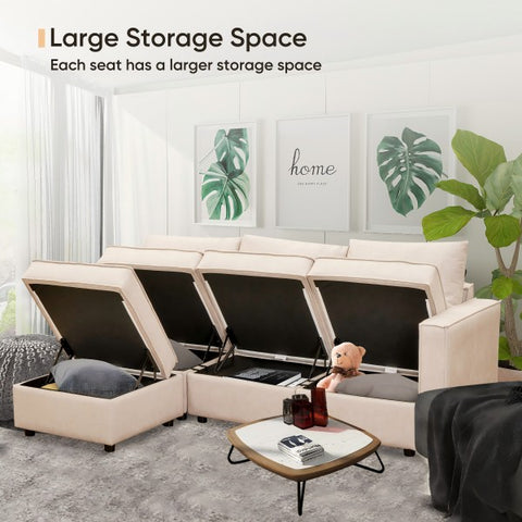 Ainfox U Shaped Storage Module Sofa Six Seats Adjust Armrest Beige