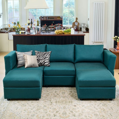 Ainfox U Shaped 3 Seats +2 Ottomans Modular Sectional Sofa Couch With Storage