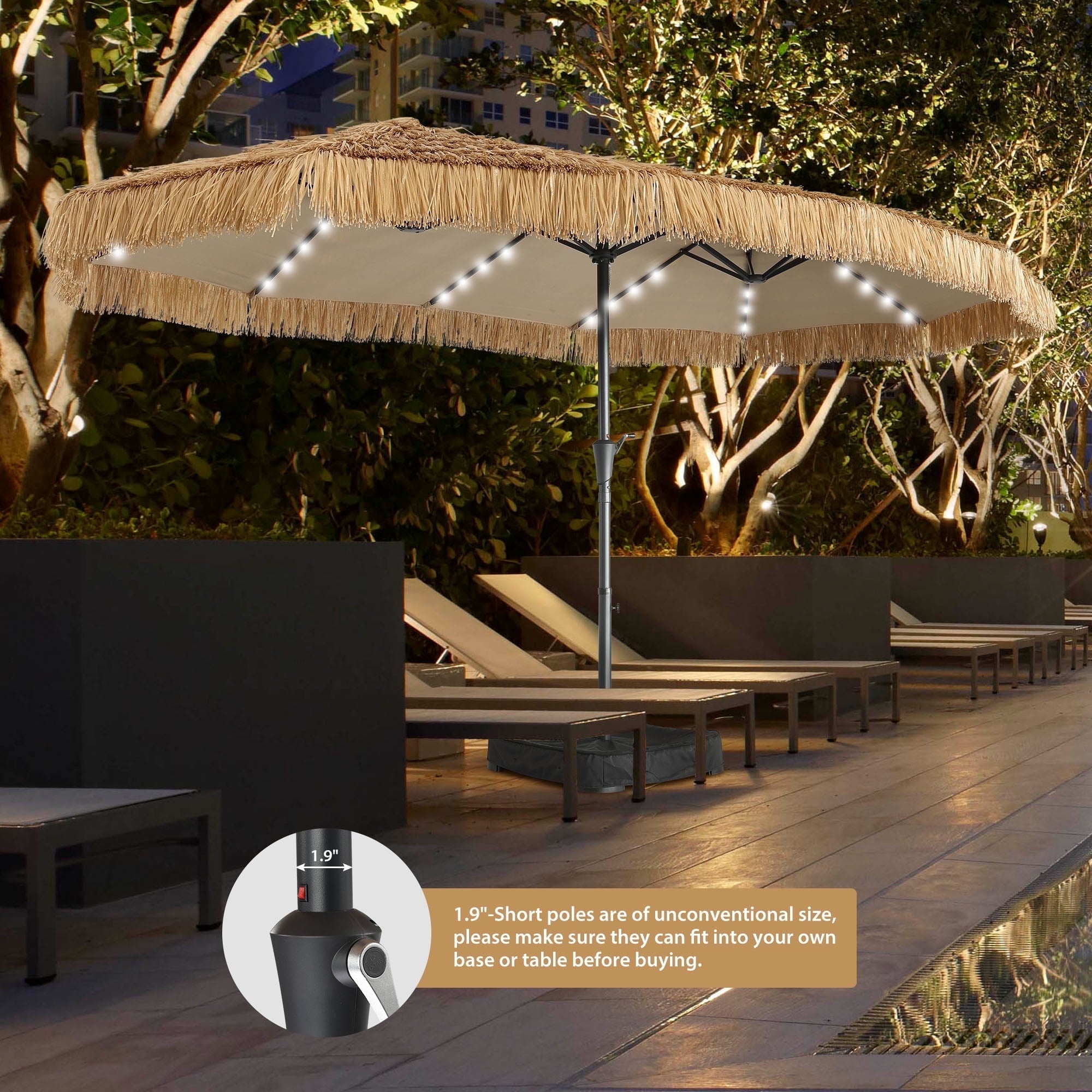 15ft patio umbrella with lights Ainfox 15ft Large Thatched Tiki Patio Umbrella with Lights and Weighted Sandbags, Outdoor Heavy-Duty Double-Sided Rectangle Market Umbrella for Garden