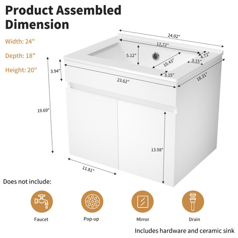 Ainfox Wall Mounted Bathroom Vanity with Ceramic Top and Sink, Storage Cabinet