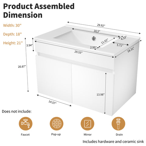 Ainfox Wall Mounted Bathroom Vanity with Ceramic Top and Sink, Storage Cabinet