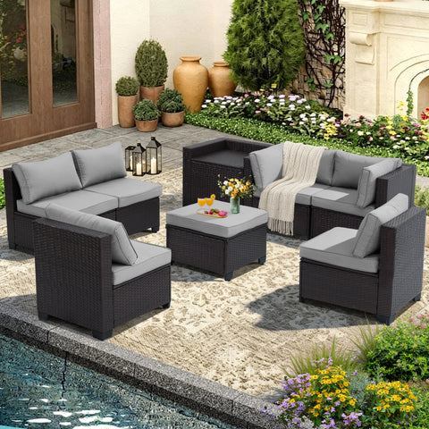 Ainfox 8 Piece Outdoor Patio Rattan Sectional Storage Furniture Set, All Weather PE Wicker Modular Conversation Sofa with Ottoman & Side Box for Backyard Pool Deck
