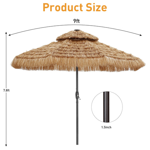 Ainfox 9ft Double Tiers Thatched Tiki Umbrella for Outdoor, Pool, Patio, Beach, Brown
