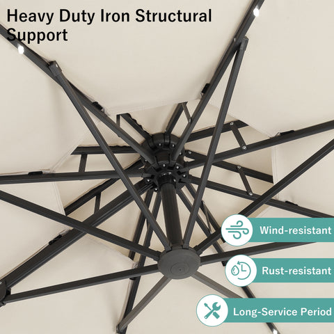 Ainfox 10ft Double Top Heavy-Duty Patio Cantilever Umbrella with lights and Cross Base, Outdoor Large Offset Hanging Aluminum Rotation Sun Shade Solar Umbrella with 360°Rotation Adjustable, Beige