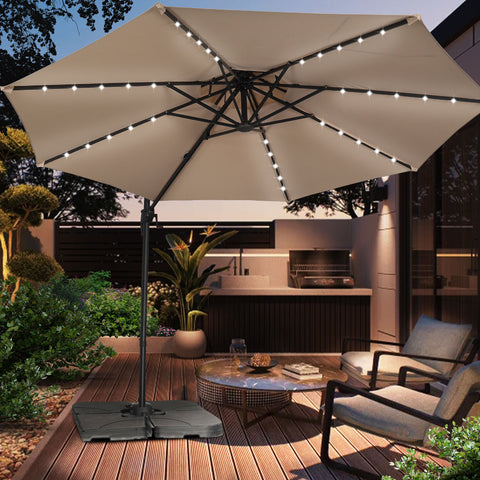 Ainfox 10ft Double Top Heavy-Duty Patio Cantilever Umbrella with lights and Cross Base, Outdoor Large Offset Hanging Aluminum Rotation Sun Shade Solar Umbrella with 360°Rotation Adjustable