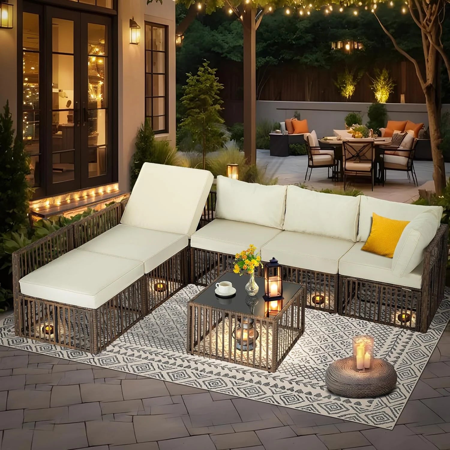 7 Pieces Outdoor Wicker Patio Furniture Set Adjustable Backrest Sectional Conversation Couch Thick Cushions & Coffee Table Garden Porch Poolside