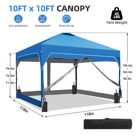 Ainfox 10ft x 10ft Pop Up Canopy Beach Tent with 4 Removable Clear PVC Sidewalls for Events, Parties, Camping
