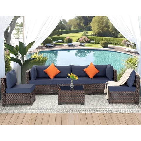 Ainfox 7-Piece Wicker Patio Furniture Set, Rattan Sectional with Cushion & Tempered Glass Coffee Table for Porch Backyard