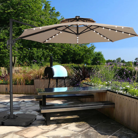 Ainfox 10ft Double Top Heavy-Duty Patio Cantilever Umbrella with lights and Cross Base, Outdoor Large Offset Hanging Aluminum Rotation Sun Shade Solar