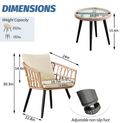 Ainfox 3 PCS Wicker Sofa Patio Bistro Set, Patio Furniture with Glass Top Table and Cushions