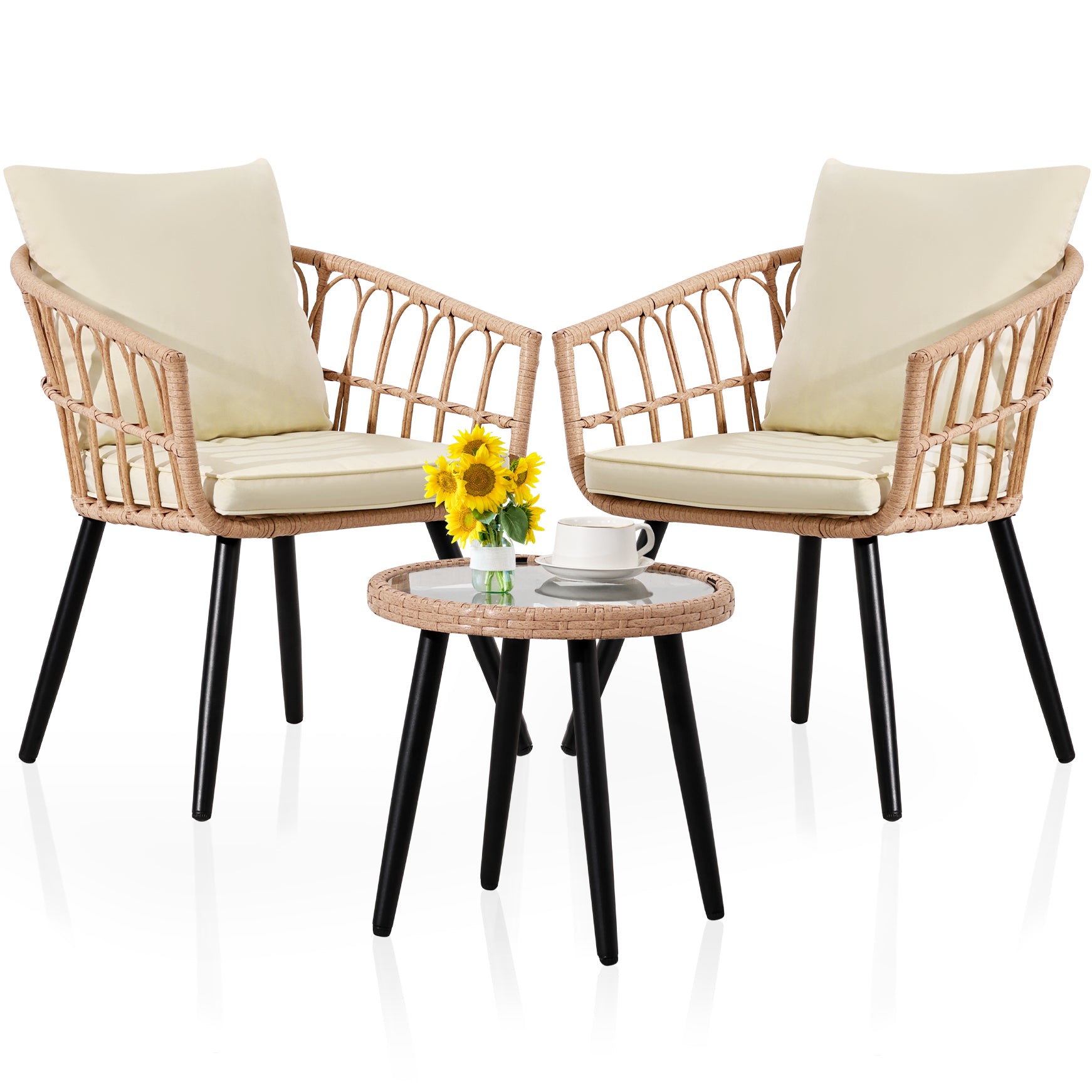 3 PCS Wicker Sofa Patio Bistro Set Patio Furniture Glass Top Table Cushions