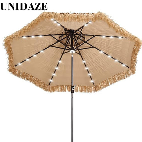 UNIDAZE 9FT Double Tiers Solar LED Lights Thatched Hawaiian Tiki Umbrella, Outdoor, Pool, Patio, Beach, Yellow