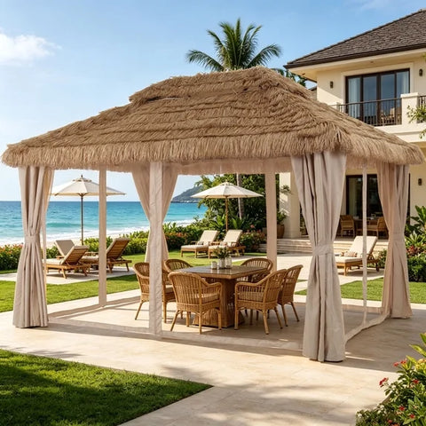 Ainfox 10x13 FT Imitation Straw Patio Gazebo-Heavy Duty Metal Frame Double Tier Ventilated Roof Outdoor Tiki Hut Shade Canopy for Backyard Pool Deck