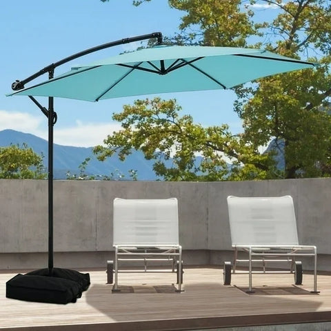 Ainfox 10ft Cantilever Patio Umbrella with Lights, Offset Market Umbrella with Sandbags Weighted Base and Cross Base