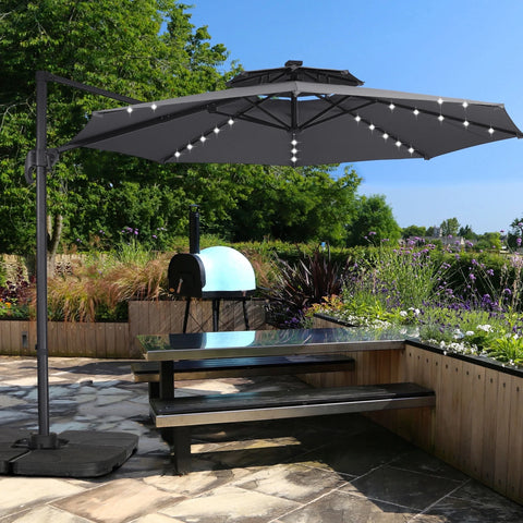 Ainfox 10ft Double Top Heavy-Duty Patio Cantilever Umbrella with lights and Cross Base, Outdoor Large Offset Hanging Aluminum Rotation Sun Shade Solar