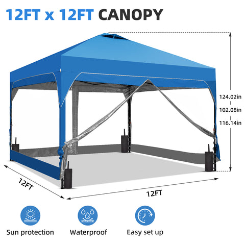 Ainfox 12ft x12ft Pop Up Canopy With 4 transparent sidewalls Outside Canopy with Wheeled Carry Bag, Bonus 8 Stakes and 4 Ropes