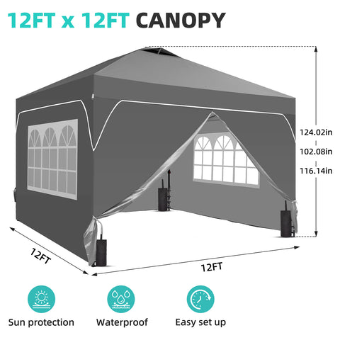 Ainfox 12ftx12ft Pop Up Canopy Tent with 4 Sidewalls One Push Tent Canopy with Wheeled Carry Bag, 8 Stakes and 4 Ropes