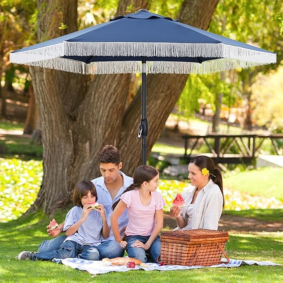 7.5ft Patio Umbrella with Fringe for Event Outdoor Garden Yard Deck Wedding Themed Restaurant Cafe Bistro Set