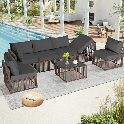 Ainfox 7 Piece Outdoor Sectional Furniture Set with Cushions, Wicker Patio Conversation Set Outdoor Sectional Sofa, All-Weather for Garden, Backyard and Poolside