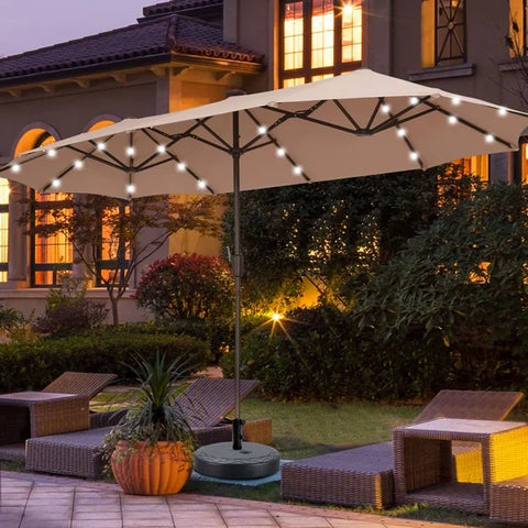Ainfox 13ft Large Patio Umbrella with Solar Lights and Weighted Base, Outdoor Double-Sided Rectangle Market Umbrellas