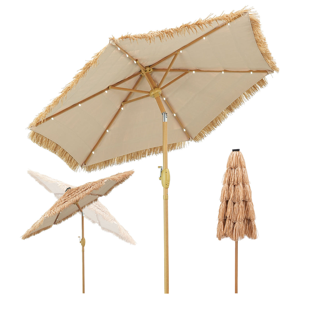 7.5ft Hula Thatched Tiki Umbrella 18 Solar LED Lights 6 Ribs Push Button Tilt