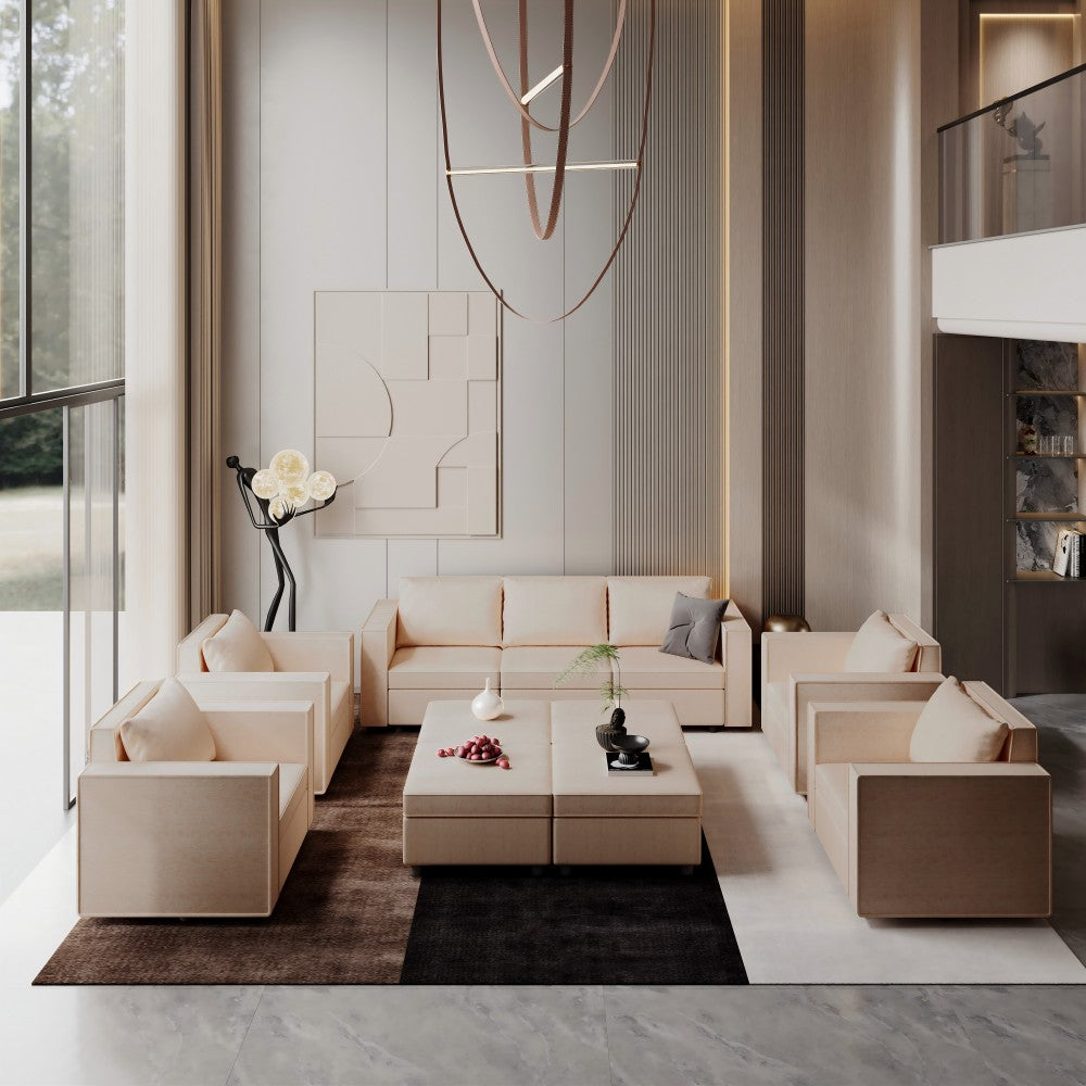 Ainfox 11-Seat Modular Sectional Sofa Sleeper Sofa Flannel Sofa with Storage Seat Beige