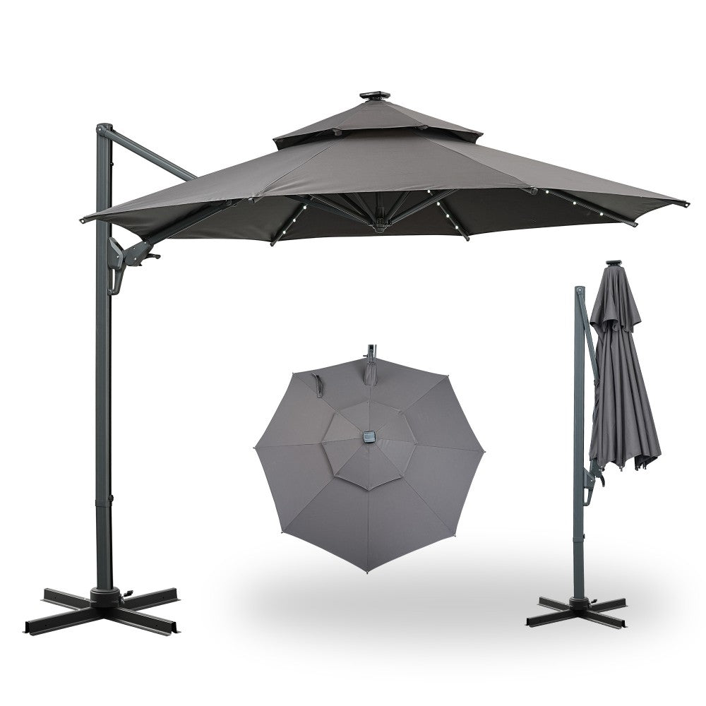 10ft Double Top Heavy Duty Patio Cantilever Umbrella lights Cross Base 5 Year Non Fading Outdoor Large Offset Hanging Aluminum Rotation Sun Shade Solar Umbrella