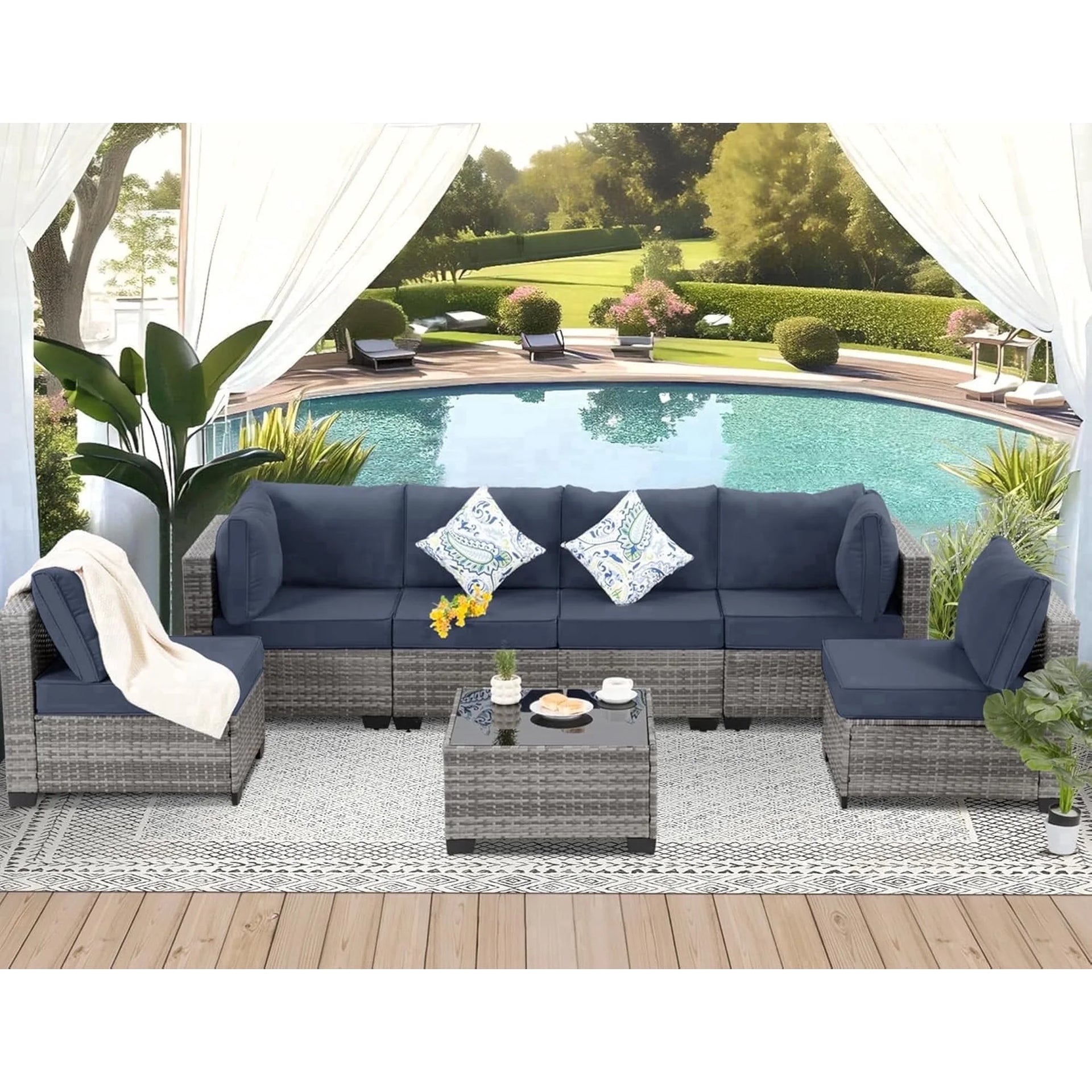 7 Piece Wicker Patio Furniture Set Rattan Sectional Cushion & Tempered Glass Coffee Table Porch Backyard