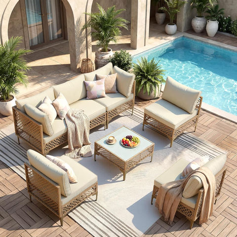 Ainfox 7 Pieces Outdoor Wicker Modular Patio Sectional Set with Thick Cushions & Tempered Glass Table