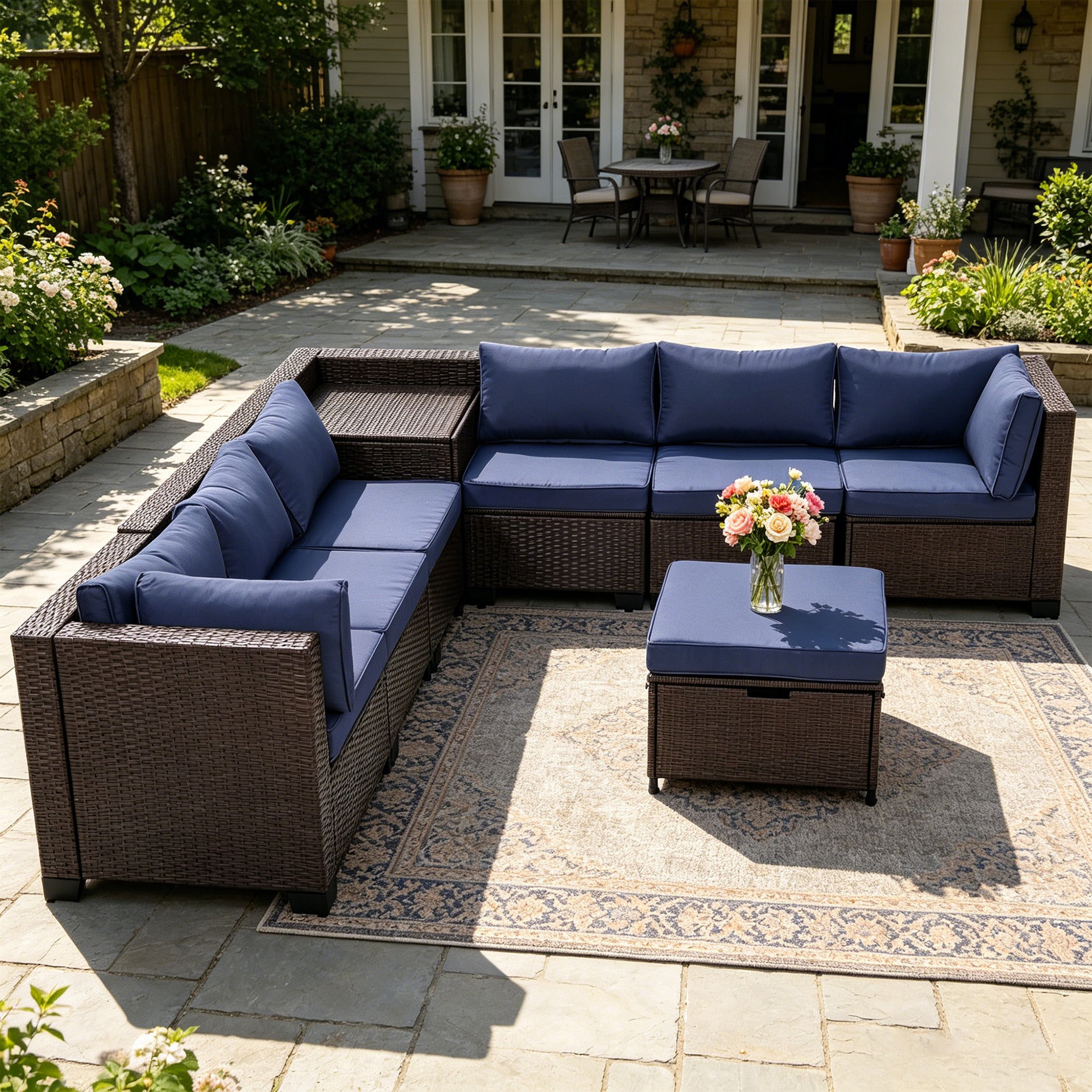 8 Piece Outdoor Patio Rattan Sectional Storage Furniture Set All Weather PE Wicker Modular Conversation Sofa Ottoman & Side Box Backyard Pool Deck