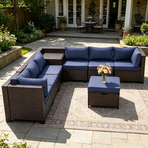 Ainfox 8 Piece Outdoor Patio Rattan Sectional Storage Furniture Set, All Weather PE Wicker Modular Conversation Sofa with Ottoman & Side Box for Backyard Pool Deck